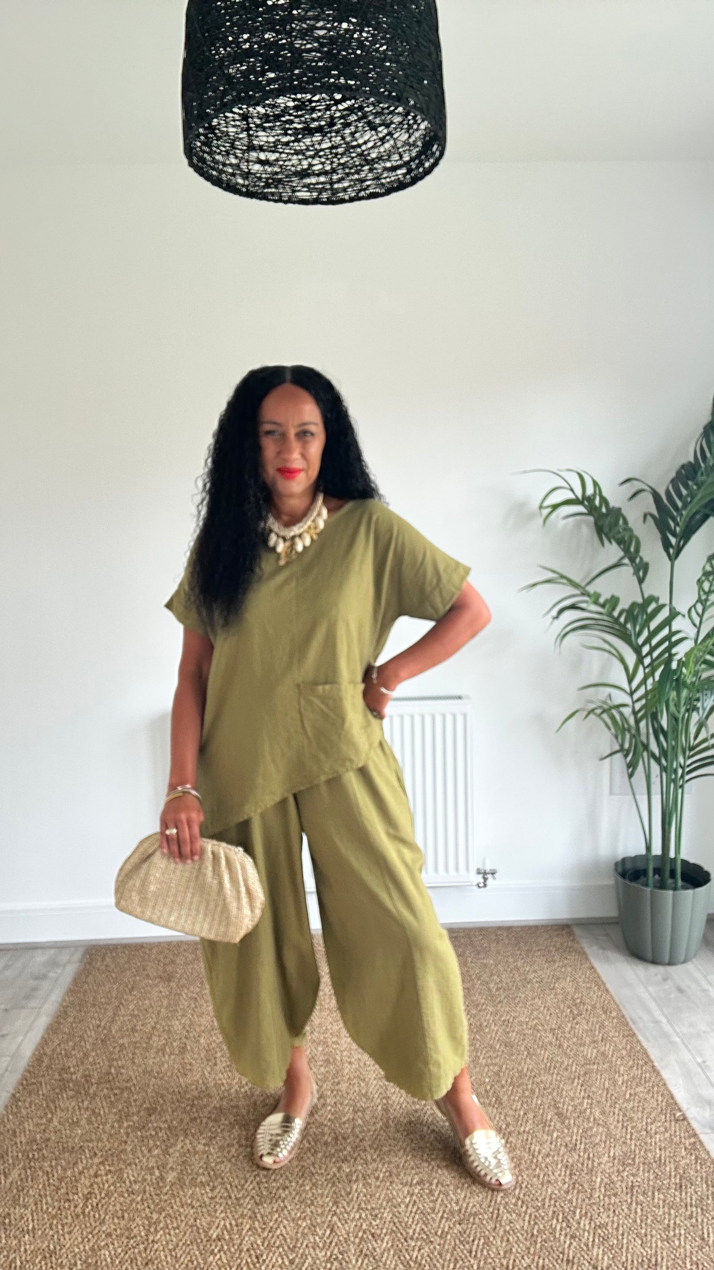 KALEL LINEN MIX COCOON TROUSERS OLIVE GREEN *New