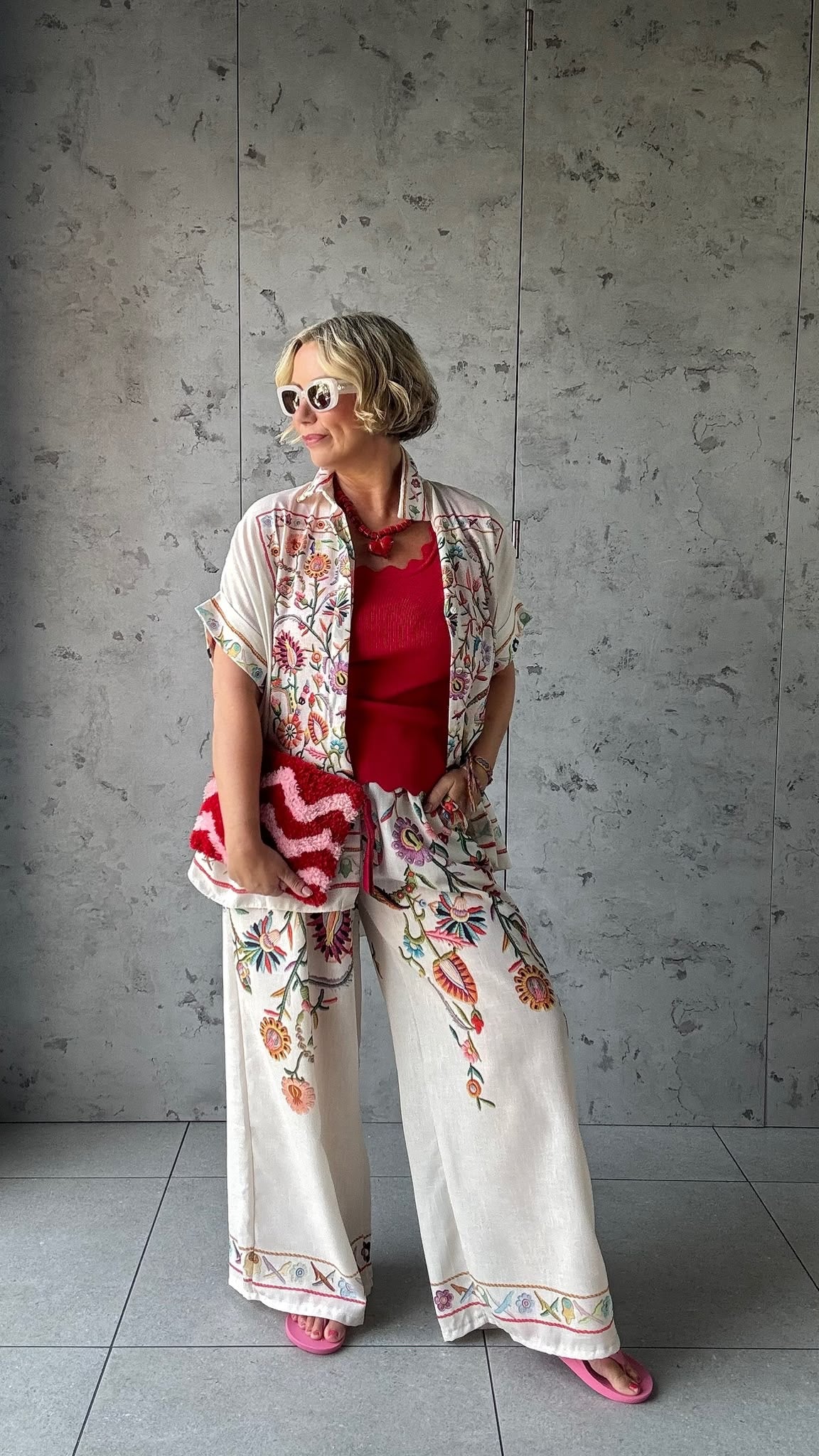 CLEO LASER FLORAL EMBROIDERED BOHO WIDE LEG TROUSERS BEIGE *New