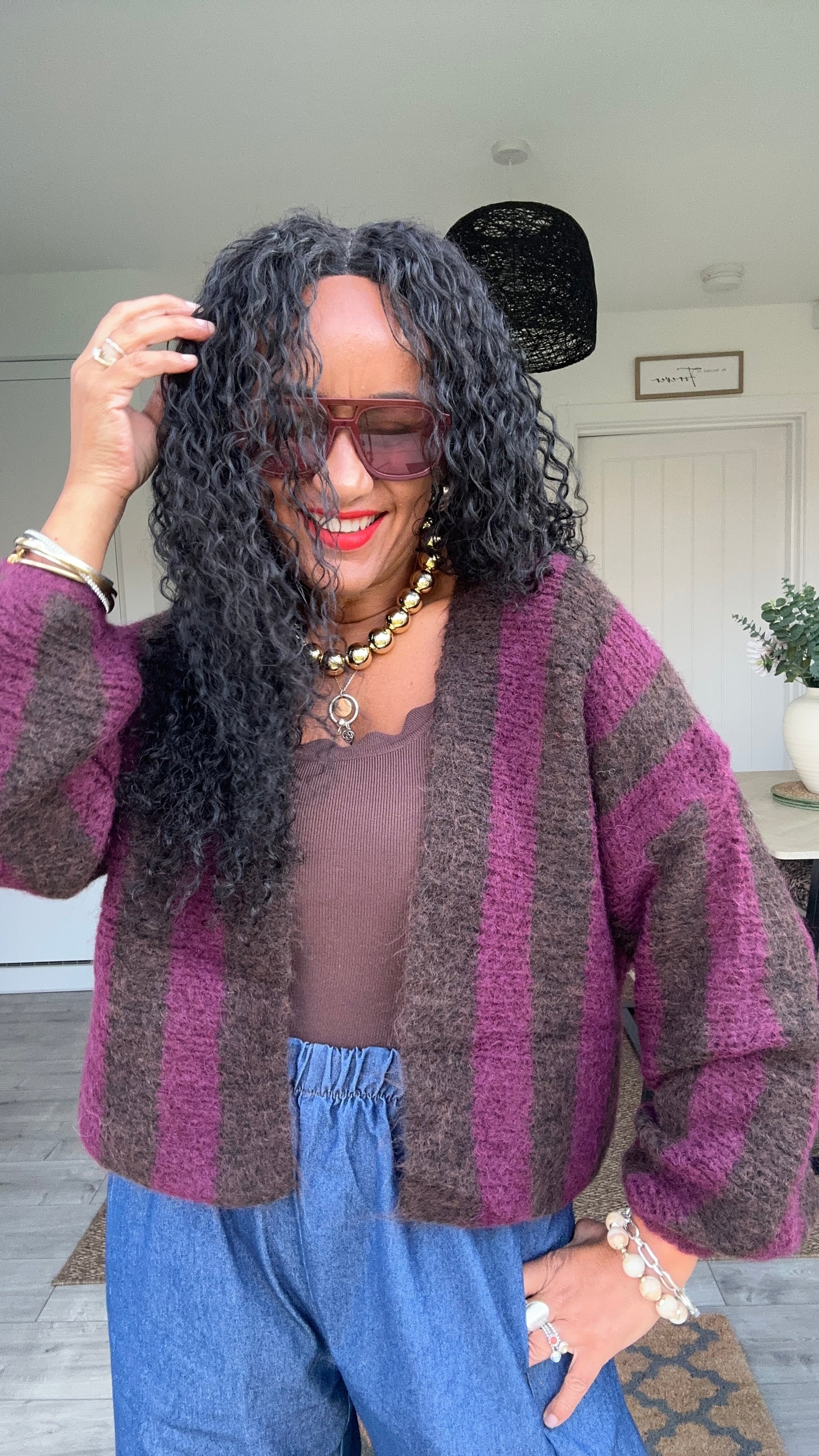 VESA STRIPE CARDIGAN BURGUNDY & BROWN *New