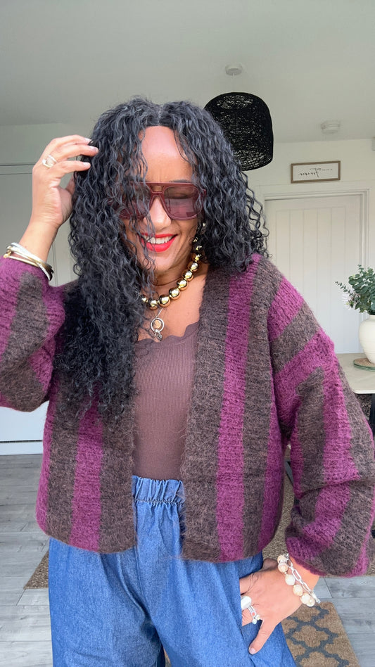 VESA STRIPE CARDIGAN BURGUNDY & BROWN *New