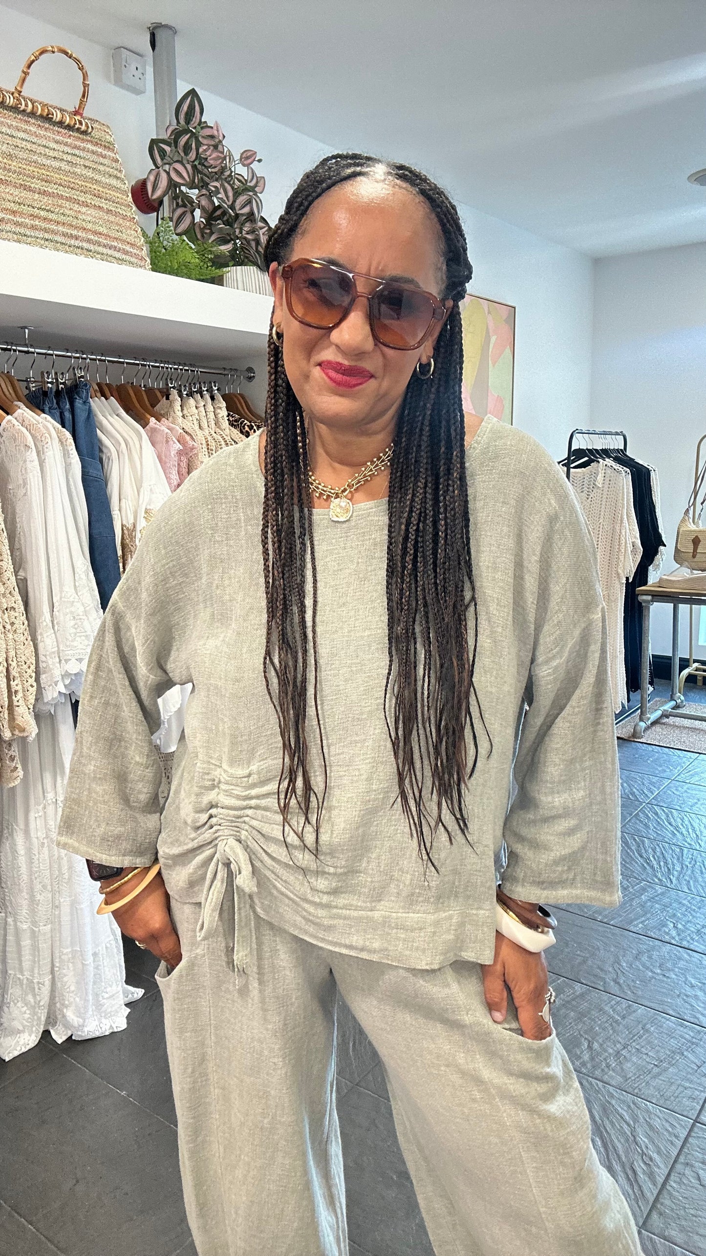 DERBY LINEN OVERSIZED BOXY TOP KHAKI