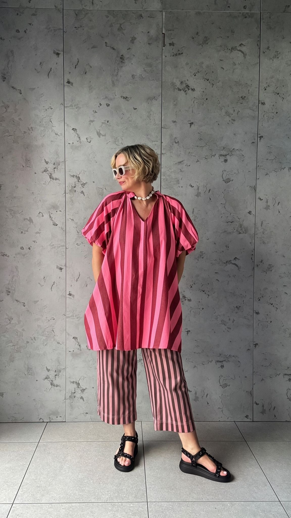 NESSA STRIPE SMOCK TOP / DRESS RED & PINK *New