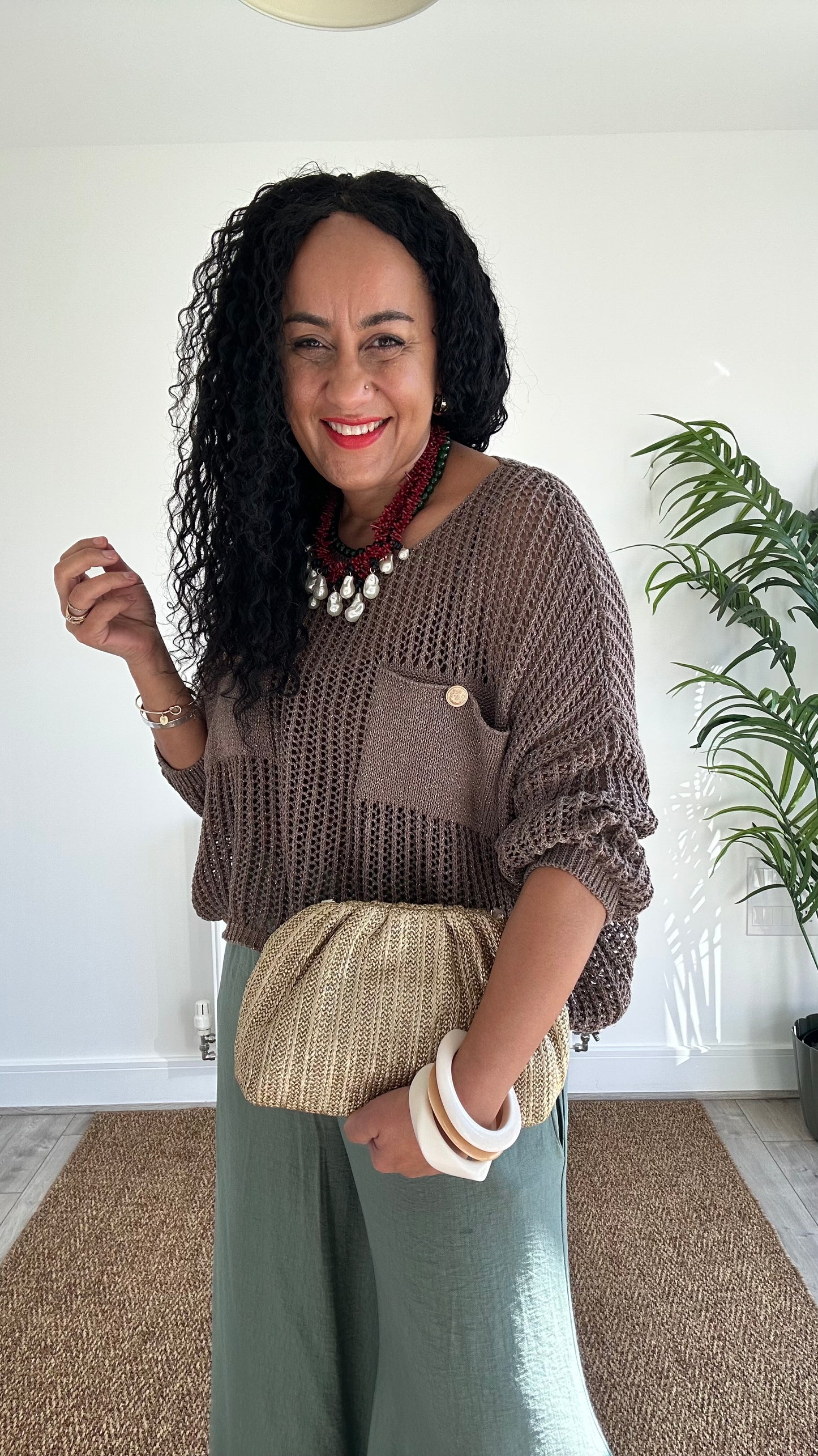 LUREX FISHERMAN CROCHET POCKET KNIT BROWN *New