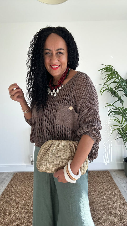 PRE ORDER LUREX FISHERMAN CROCHET POCKET KNIT BROWN *New