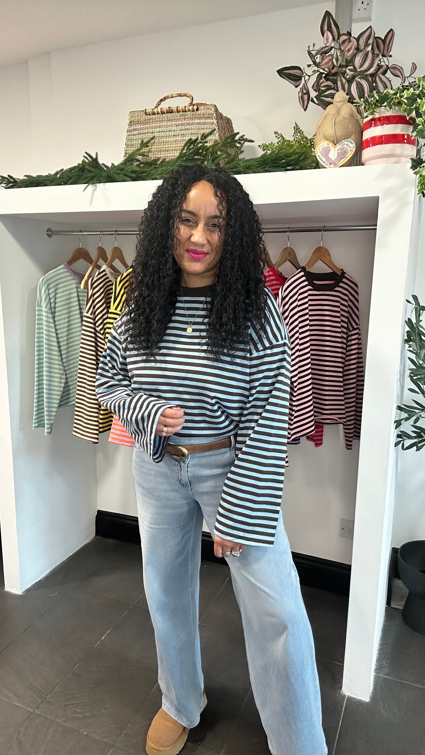 BELLE STRIPE TOP WITH WIDE SLEEVES BROWN & BLUE *New