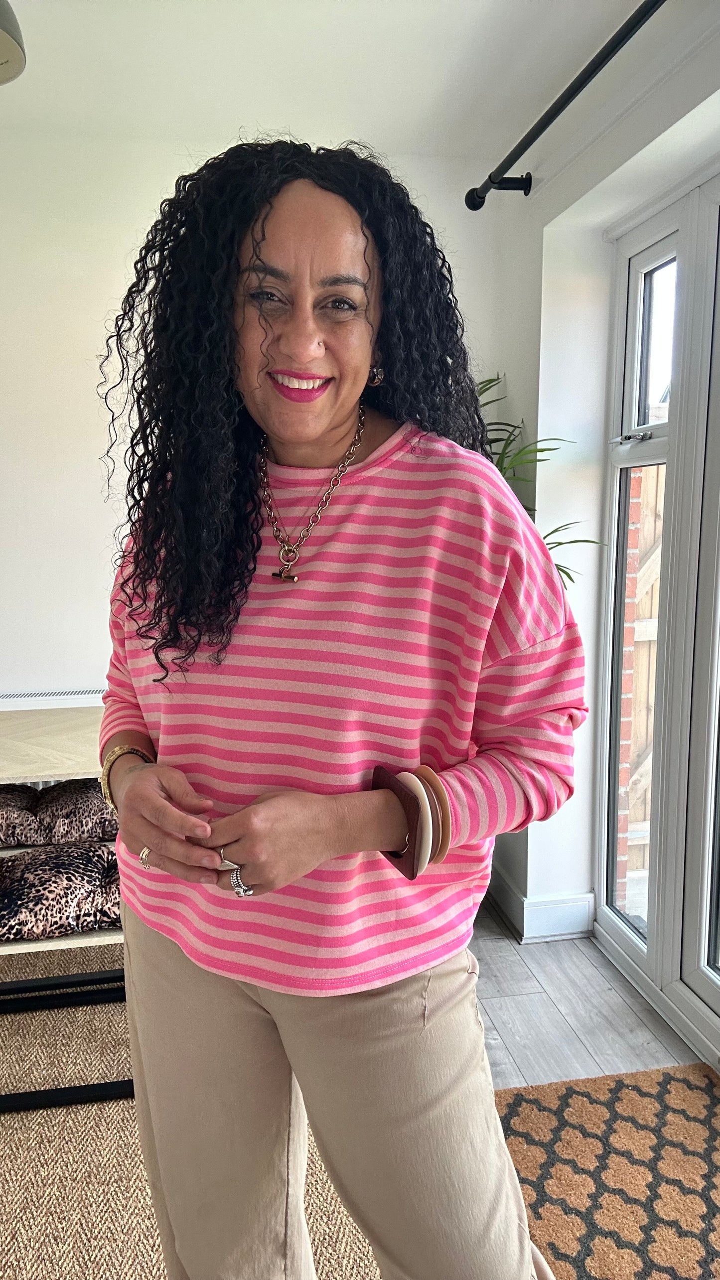 BRETON STRIPE LONG SLEEVED TOP NEON PINK  *New