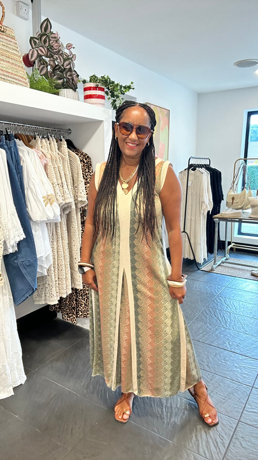 SAFI WOVEN MAXI DRESS GREEN & CREAM *New