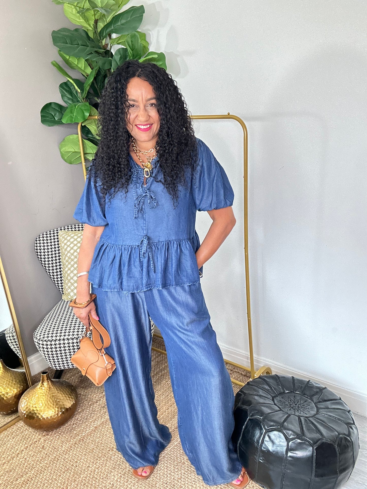 SALE DENIM BLUE CHAMBRAY WIDE LEG PALAZZO TROUSERS