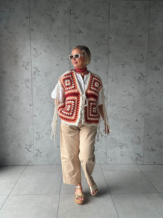 NAVAJO TASSEL OVERSIZED WAISTCOAT CREAM & TERRACOTTA *New