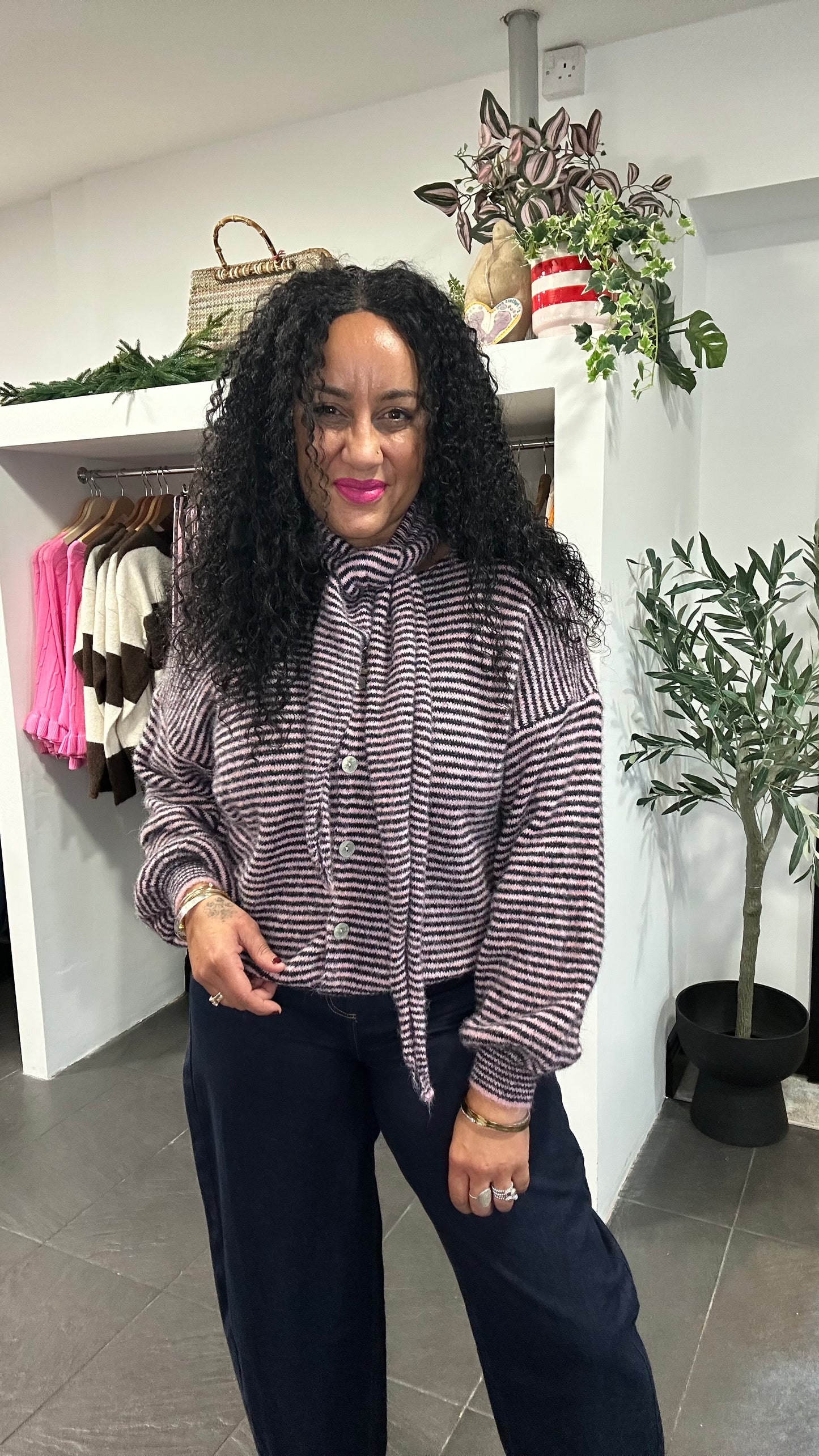 RACHEAL STRIPE KNIT BUTTON CARDIGAN WITH SCARF PURPLE *New