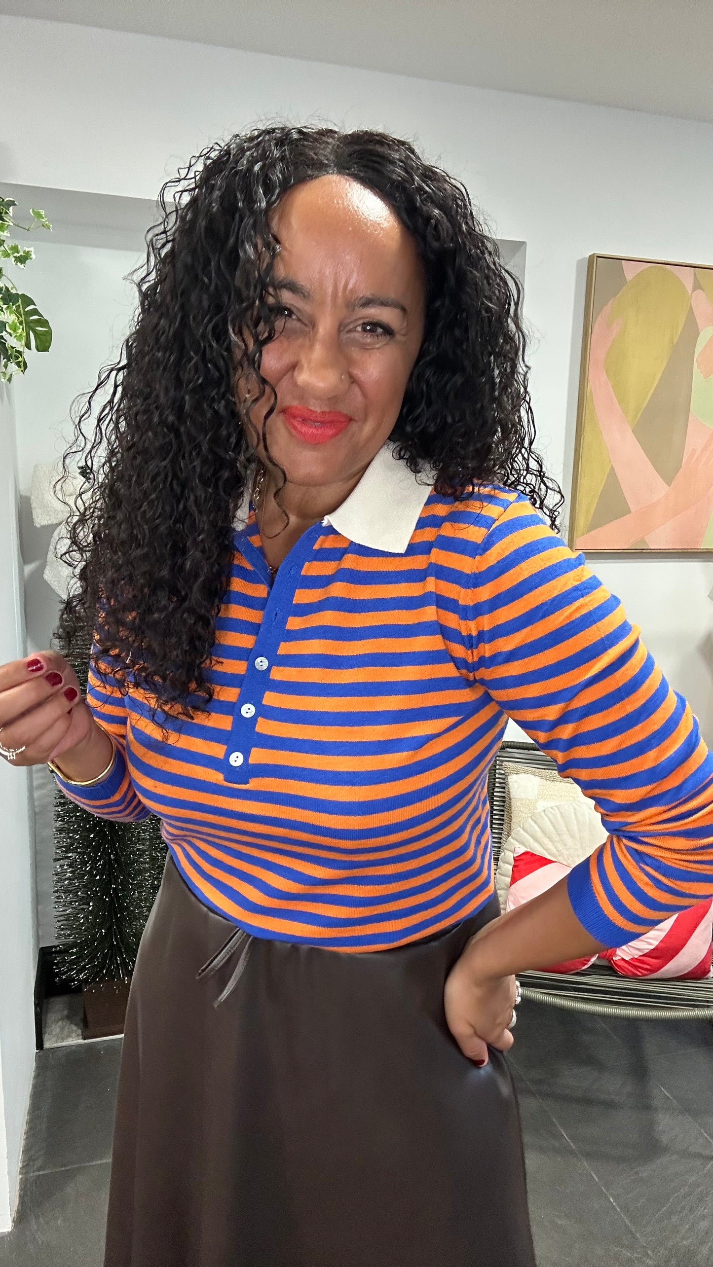 BUTTON NECK COLLARED TOP ORANGE & BLUE *New