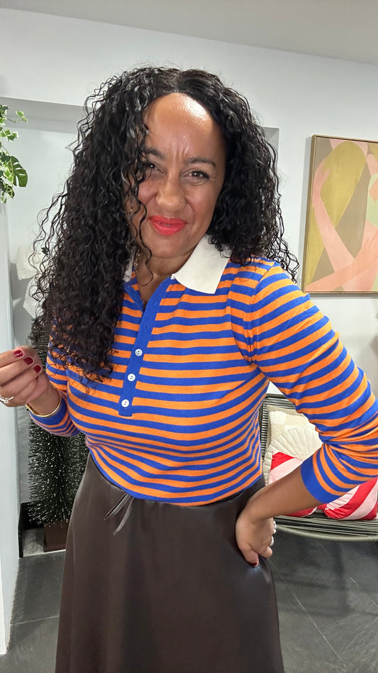 BUTTON NECK COLLARED TOP ORANGE & BLUE *New