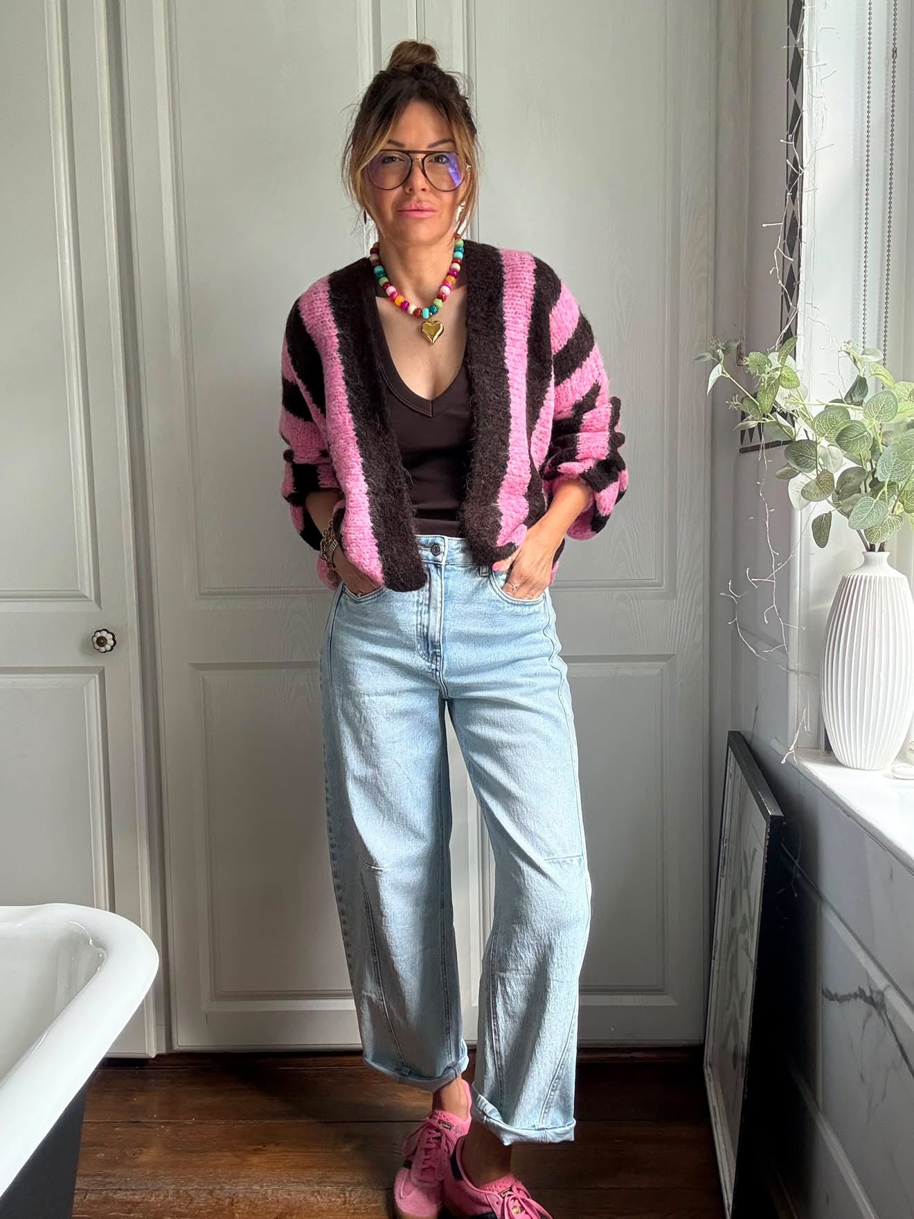 VESA STRIPE CARDIGAN PINK & BROWN *New