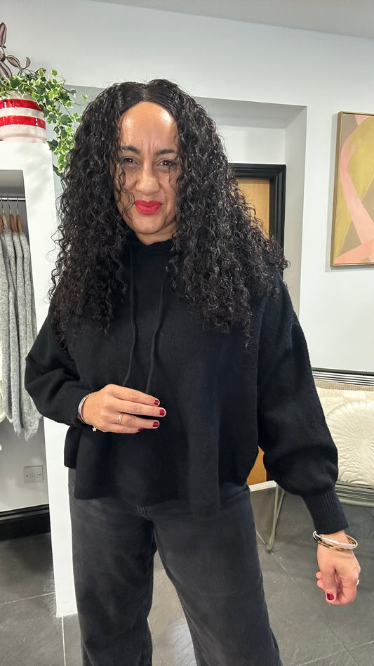 PUFF SLEEVE BOXY KNIT HOODIE BLACK *New