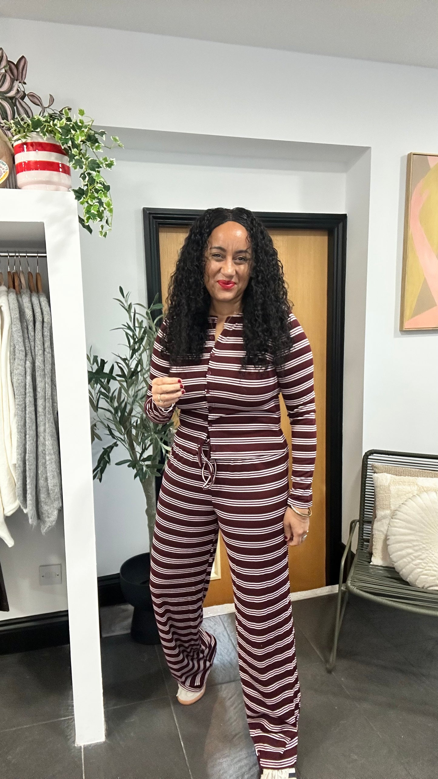 PALOMO STRIPED LOUNGEWEAR SET BURGUNDY *New