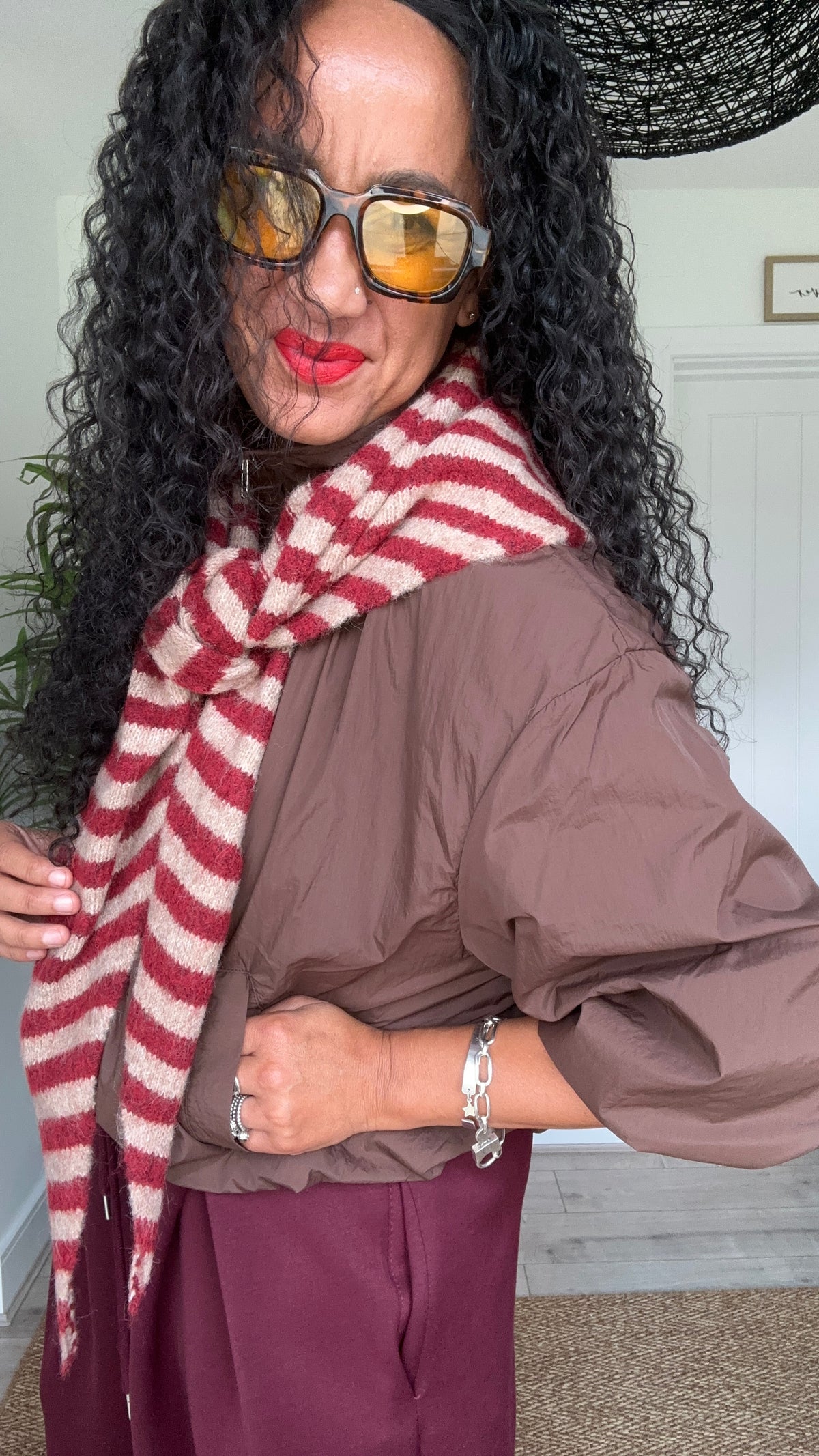 TRIANGLE STRIPE SCARF RED & BROWN *New