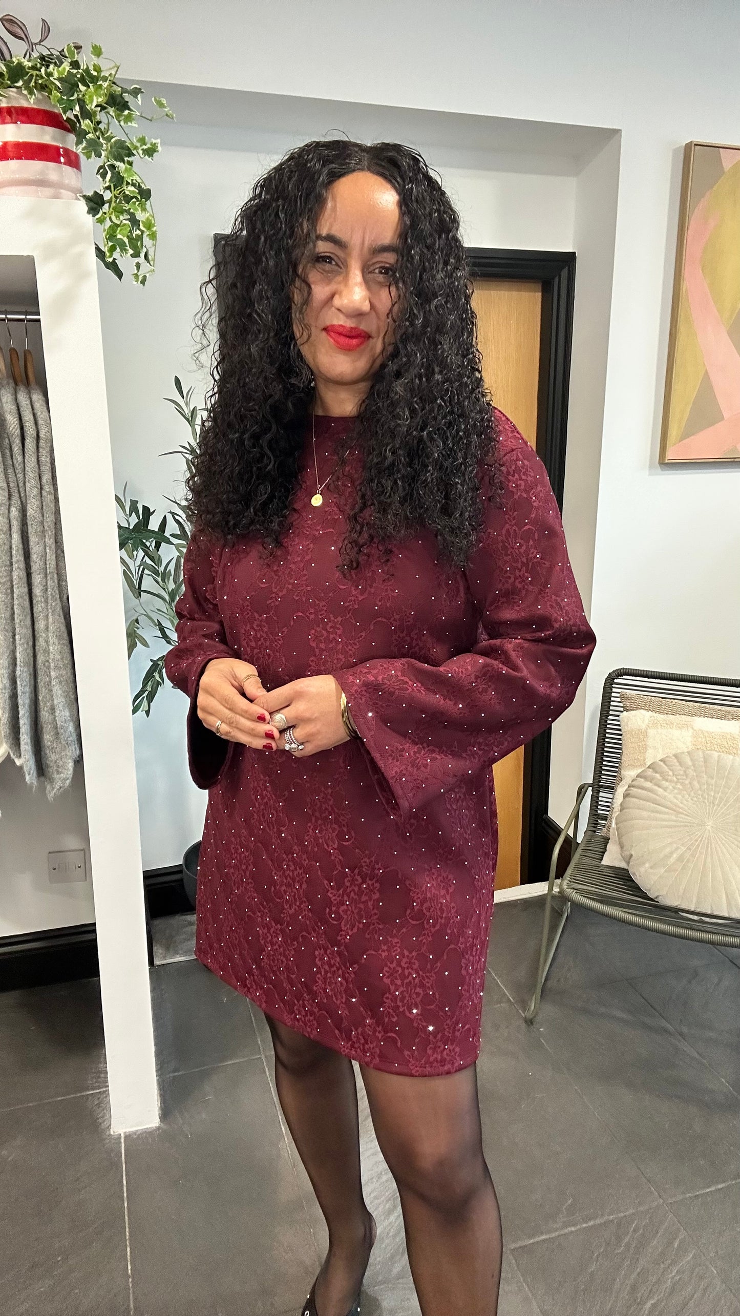 TERESA STUD DETAIL JACQUARD BOW BACK DRESS BURGUNDY WINE  *NEW