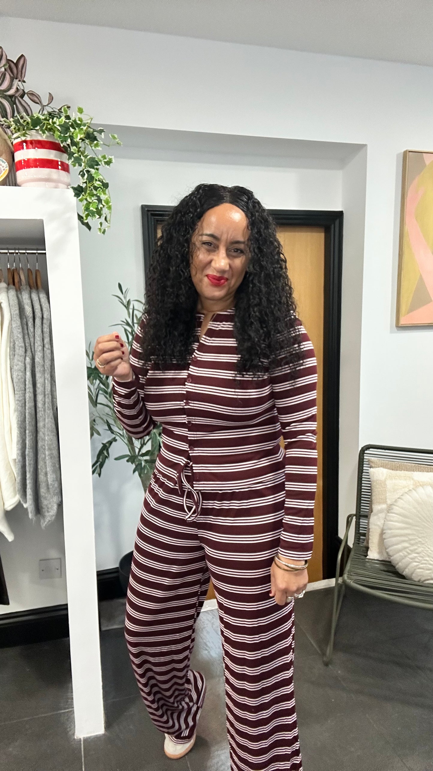 PALOMO STRIPED LOUNGEWEAR SET BURGUNDY *New