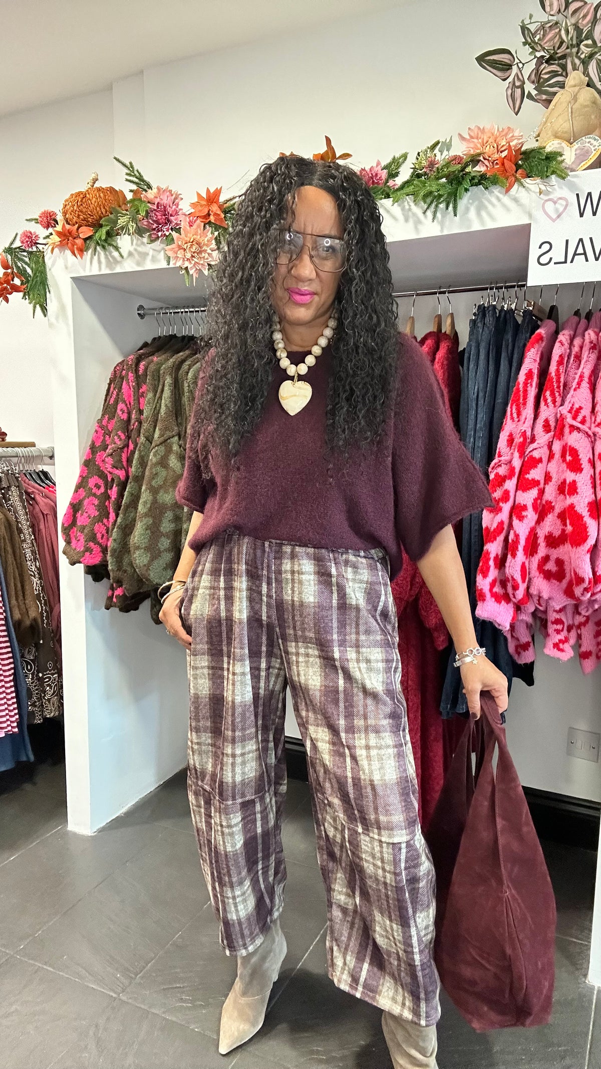 COSIMA PLAID TROUSERS PLUM *New