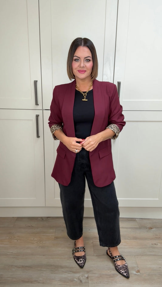 SALE JEN LEOPARD LINED BLAZER BURGUNDY *New & Trending