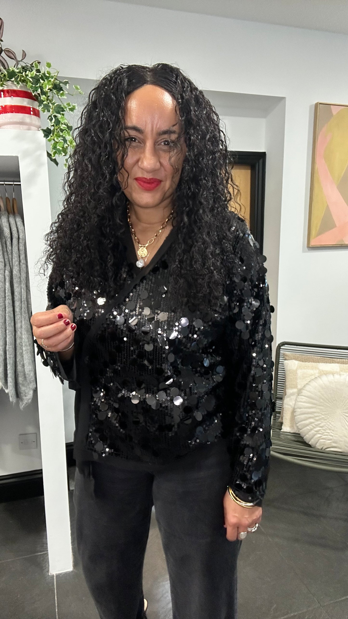 KRIS SEQUIN WRAP TIE BLOUSE BLACK *New