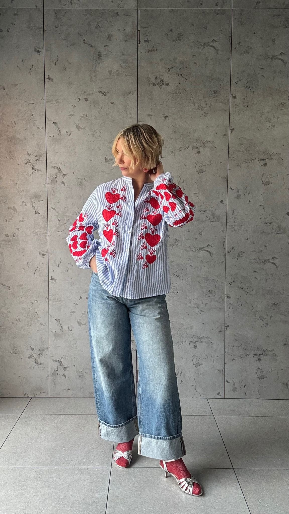 AMOUR STRIPE COTTON BLOUSE BLUE & RED 🩵♥️ *New