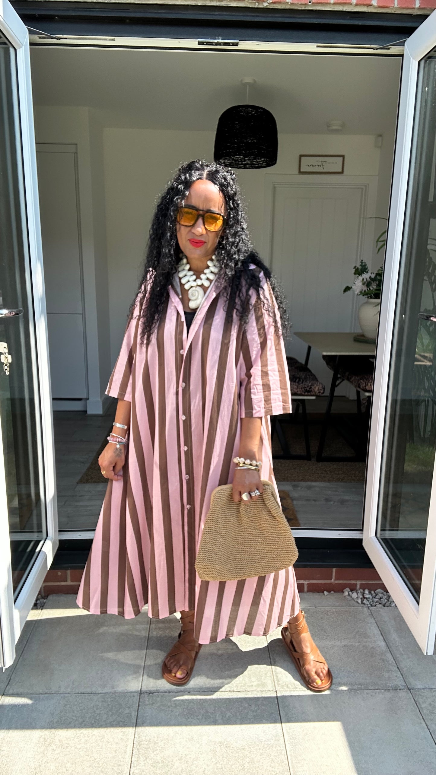 STRIPE COTTON SHIRT DRESS PINK & BROWN *New