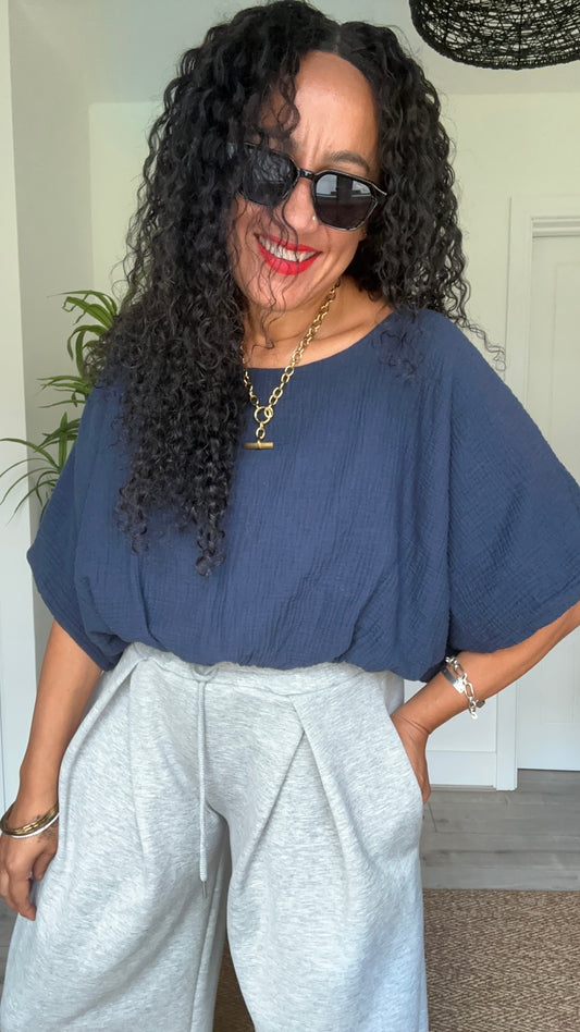OJAY BUBBLE HEM CHEESECLOTH TOP NAVY BUY 1, GET 1 HALF PRICE 💗 CODE OJAY50
