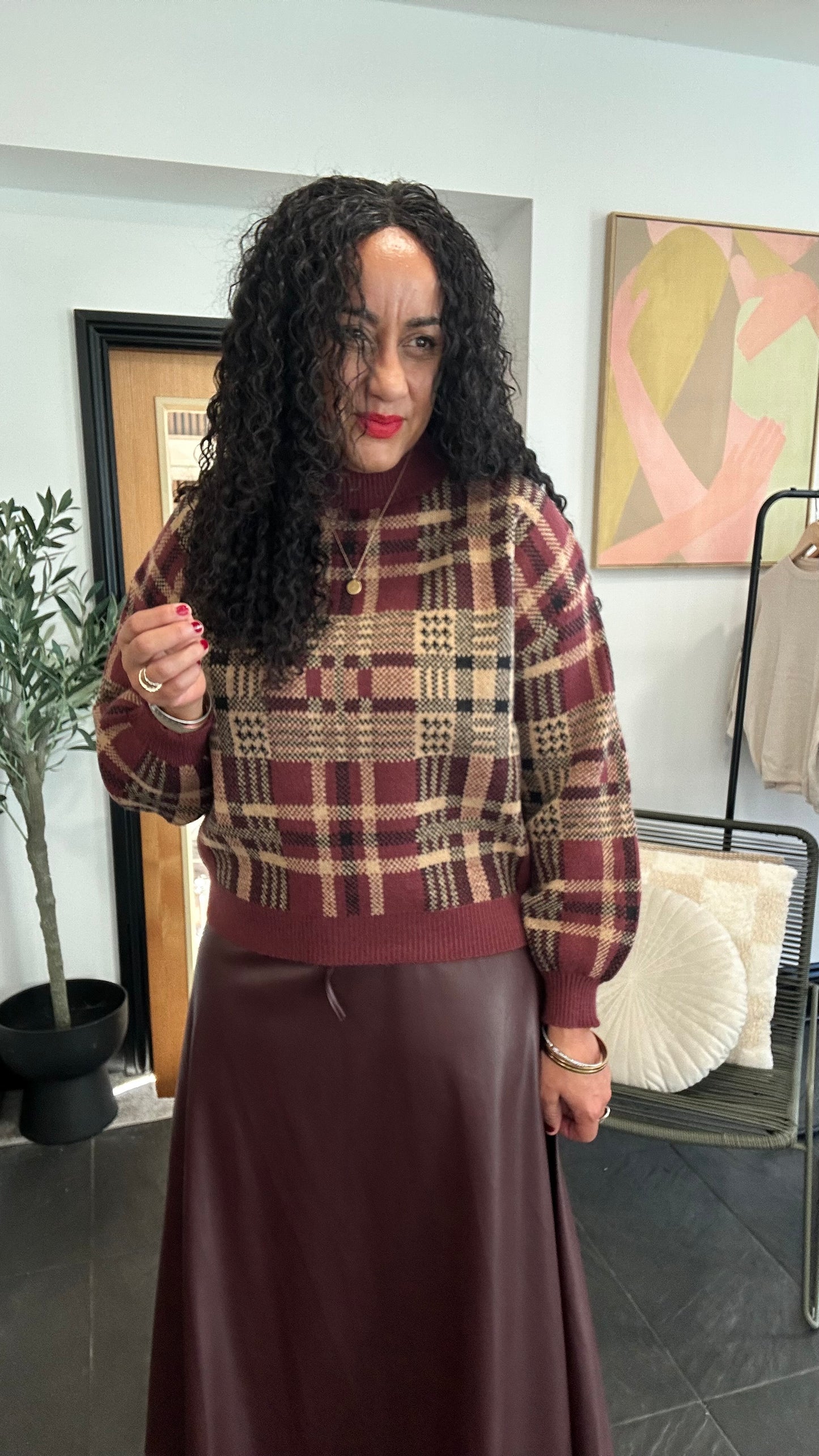 TESS PLAID KNIT SWEATER WINE *New