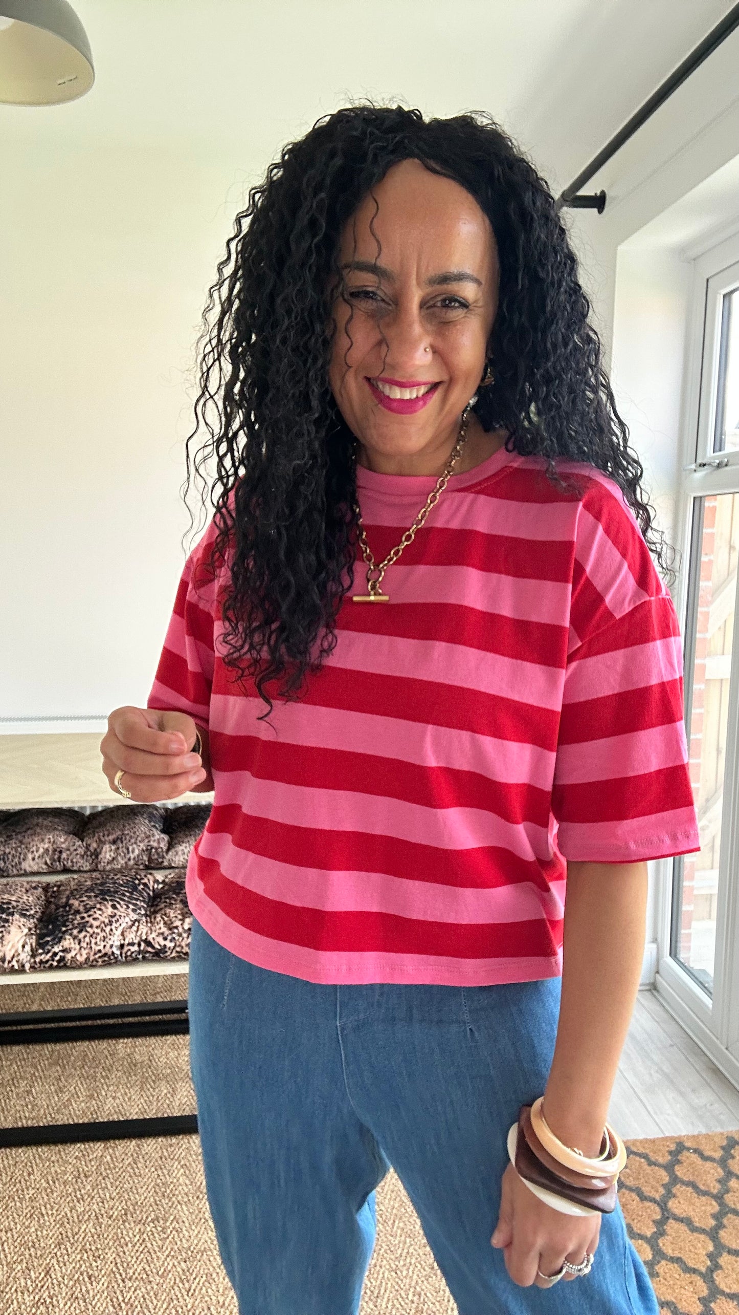 BOLD STRIPE RELAXED T SHIRT RED & PINK *New