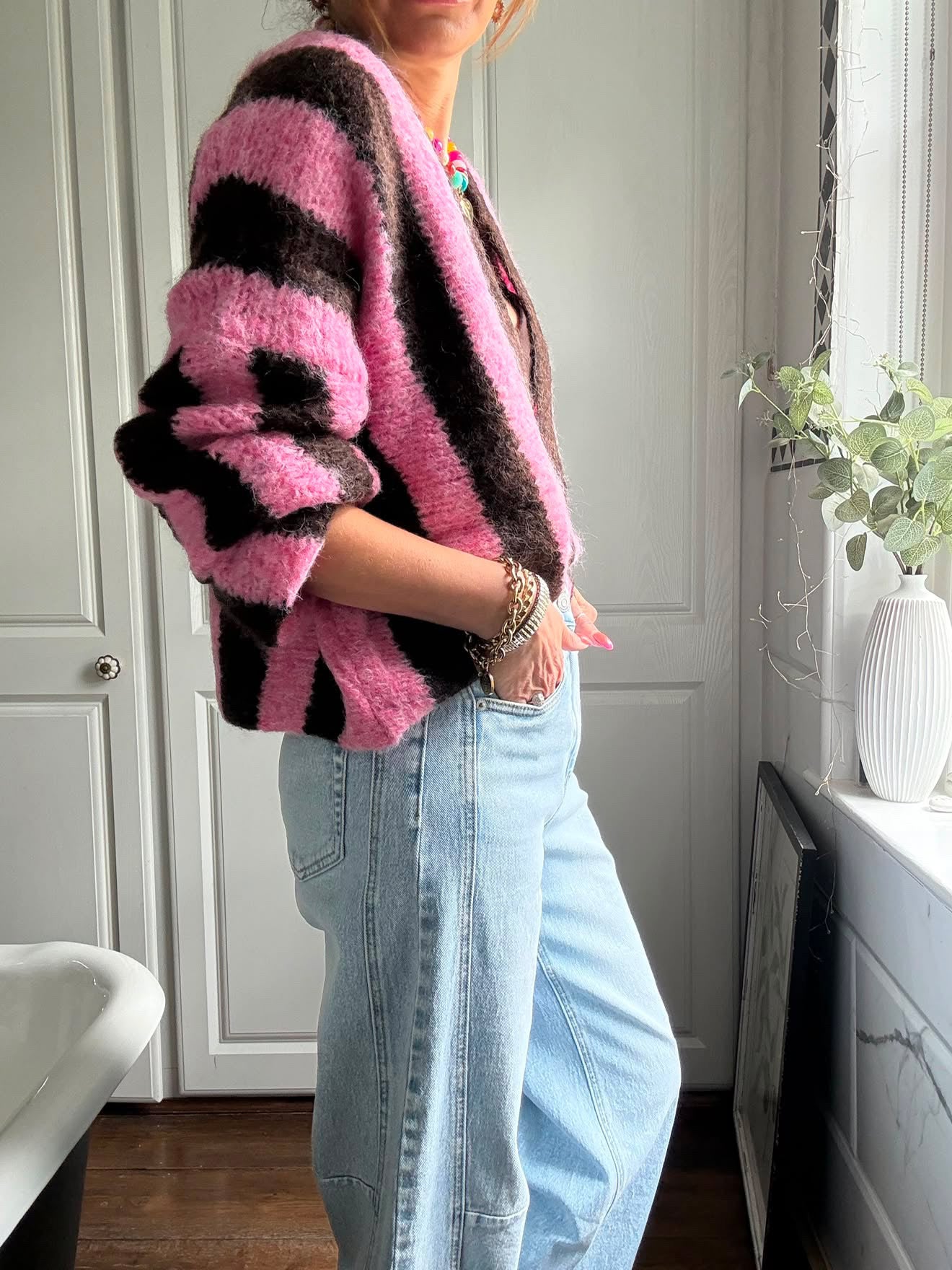 VESA STRIPE CARDIGAN PINK & BROWN *New