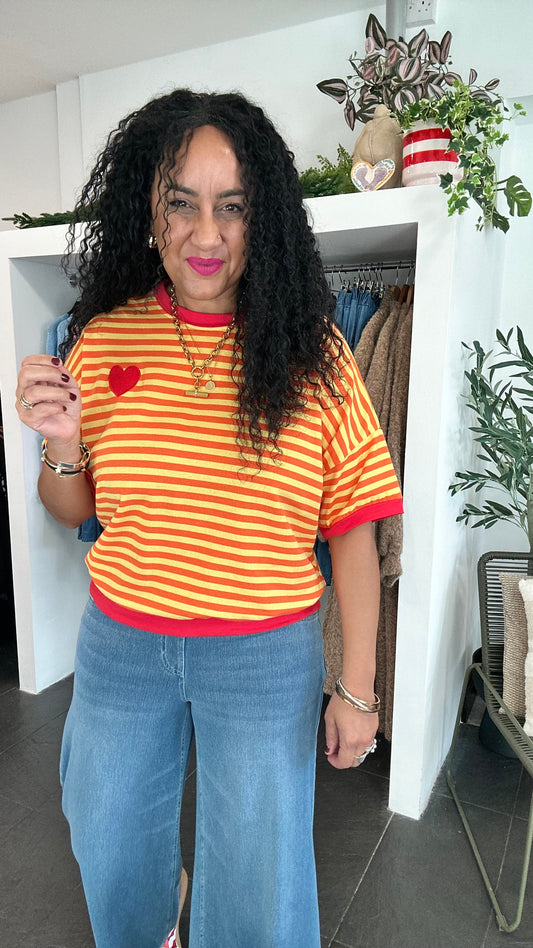 ALEX STRIPED HEART RELAXED T SHIRT ORANGE & RED *New