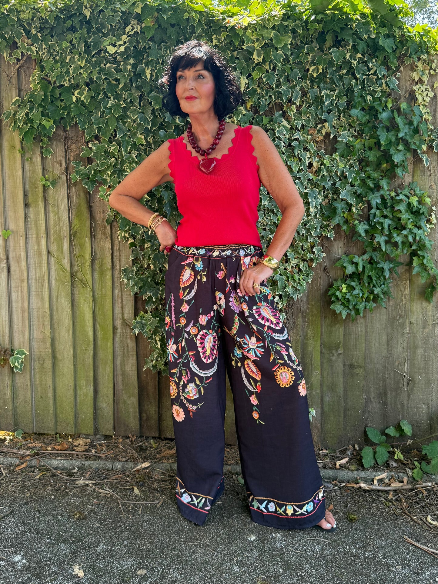 CLEO LASER EMBROIDERED FLORAL BOHO WIDE LEG TROUSERS BLACK *New