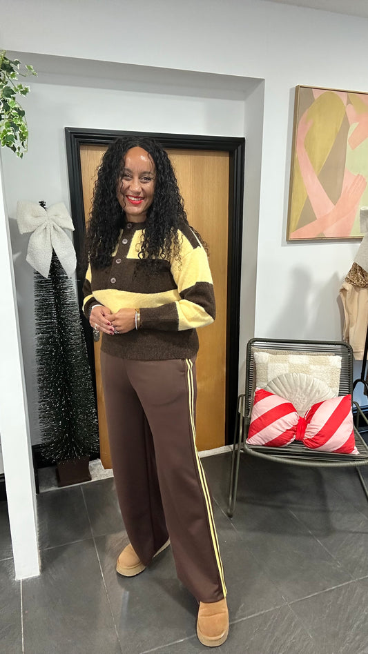 SIDE STRIPE JOGGER DEEP BROWN &  YELLOW STRIPE *New