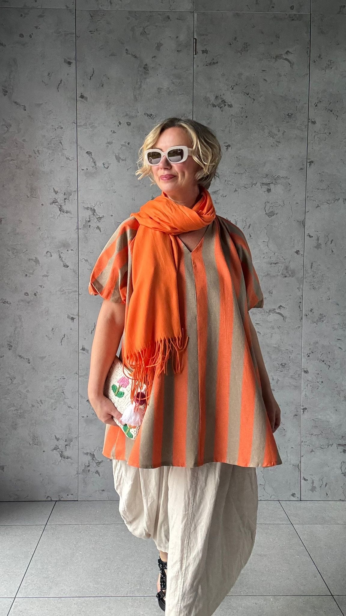 NESSA STRIPE SMOCK TOP / DRESS ORANGE & BROWN *New