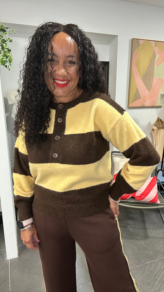 STRIPED BUTTON NECK JUMPER YELLOW & DEEP BROWN  *New