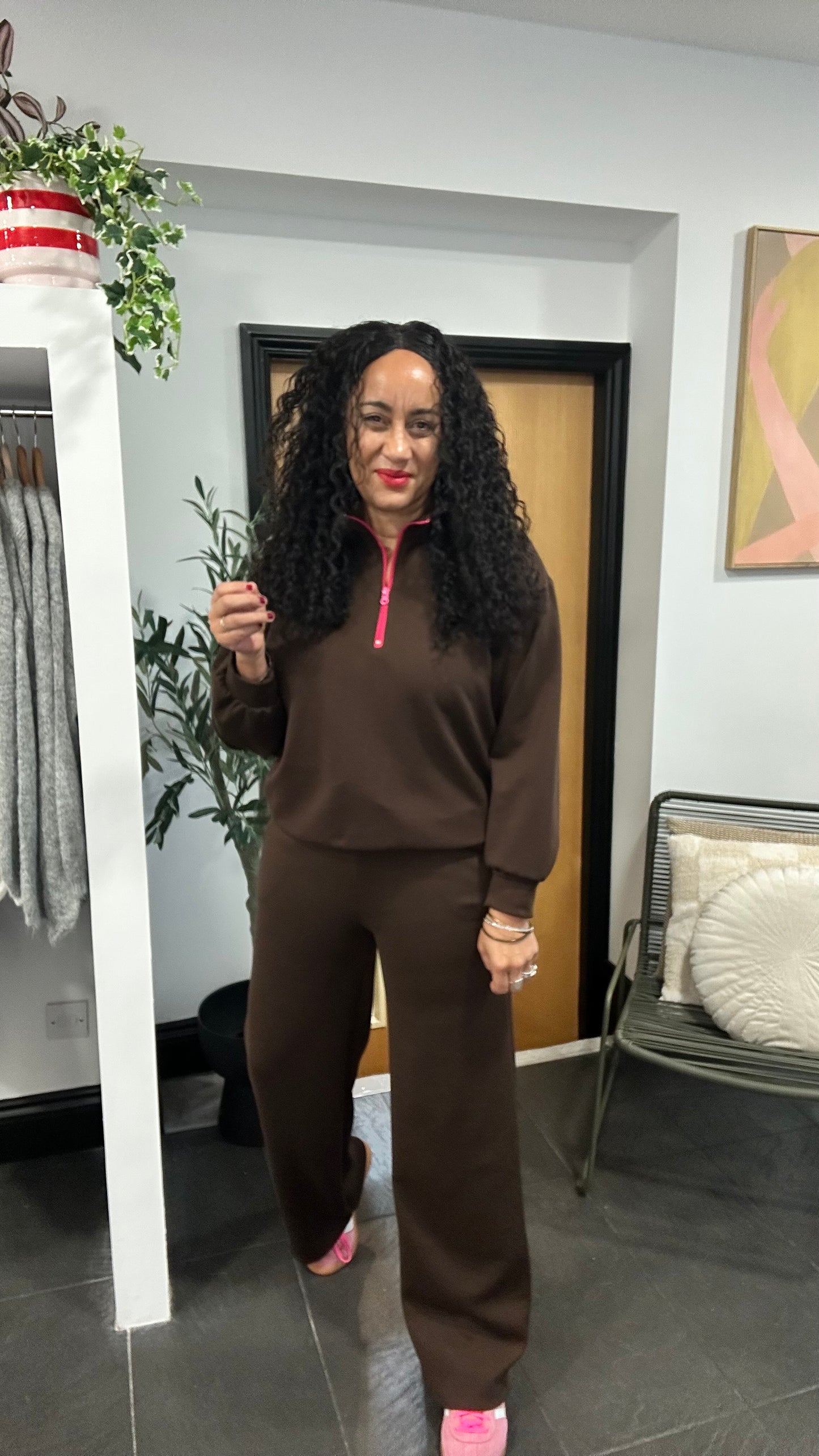 SIENNA CONTRAST ZIP & TIE LOUNGEWEAR SET DEEP BROWN *New