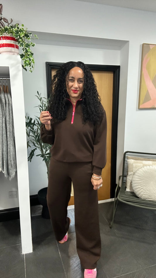 SIENNA CONTRAST ZIP & TIE LOUNGEWEAR SET DEEP BROWN *New
