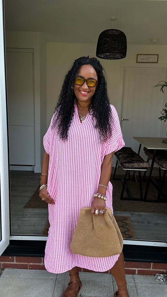 TAYO STRIPED TUNIC SHIRT DRESS PINK *New