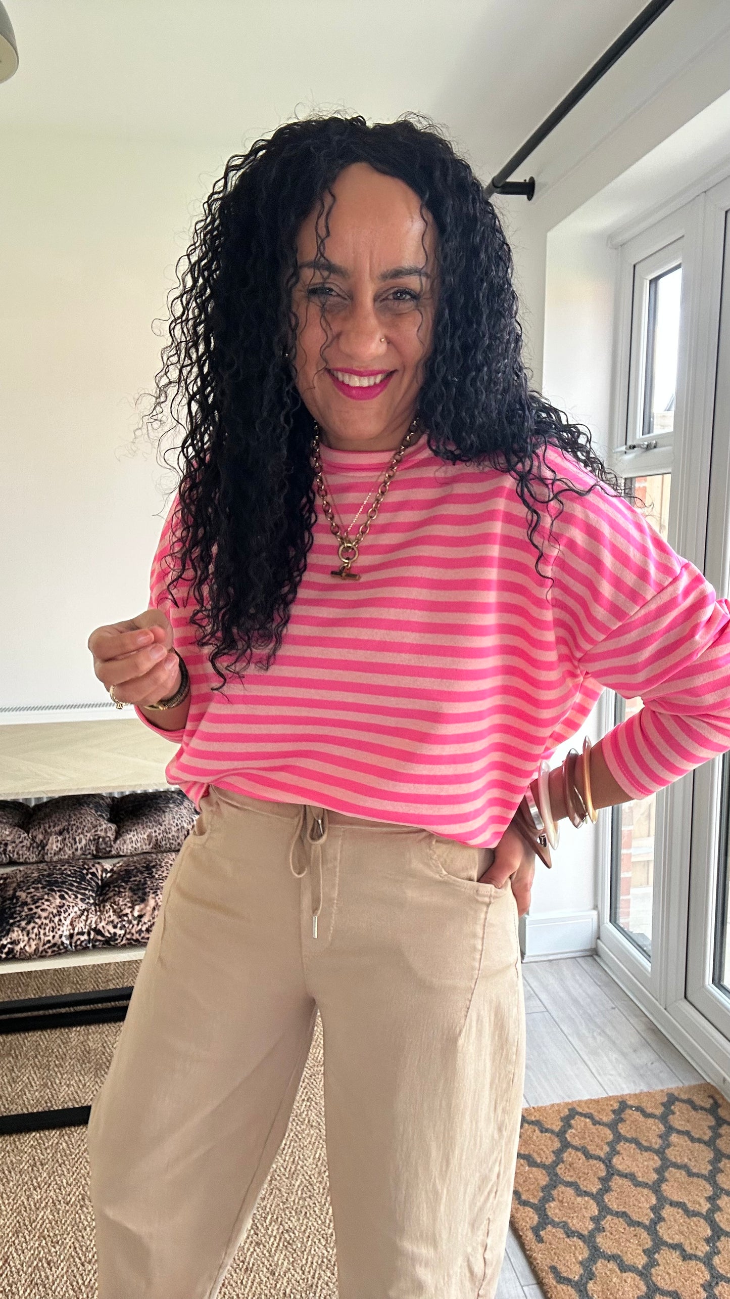 BRETON STRIPE LONG SLEEVED TOP NEON PINK  *New