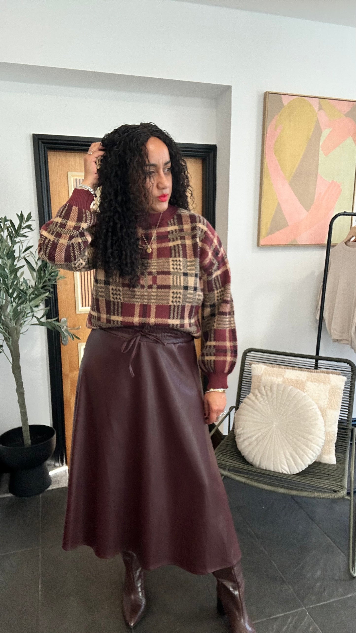 TESS PLAID KNIT SWEATER WINE *New