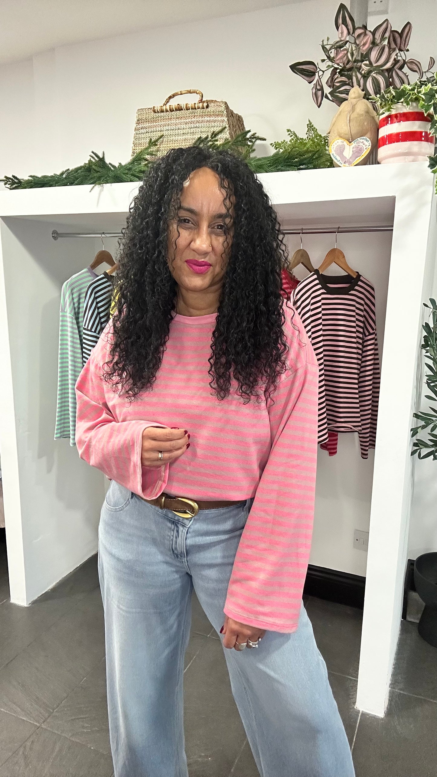 BELLE STRIPE TOP WITH WIDE SLEEVES PINK & GREY  *New