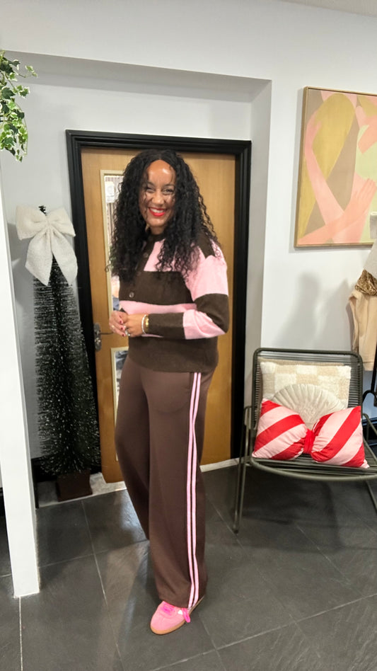 SIDE STRIPE JOGGER DEEP BROWN &  PINK STRIPE *New