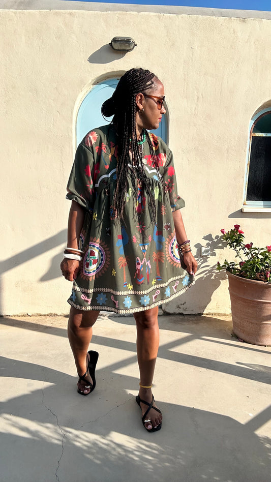 CLEO SMOCK DRESS OLIVE GREEN  *New