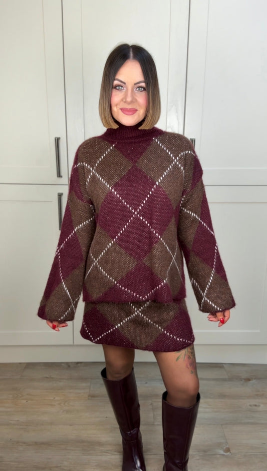 PRE ORDER LUNA ARGLE KNIT JUMPER & SKIRT SET BURGUNDY & BROWN *New