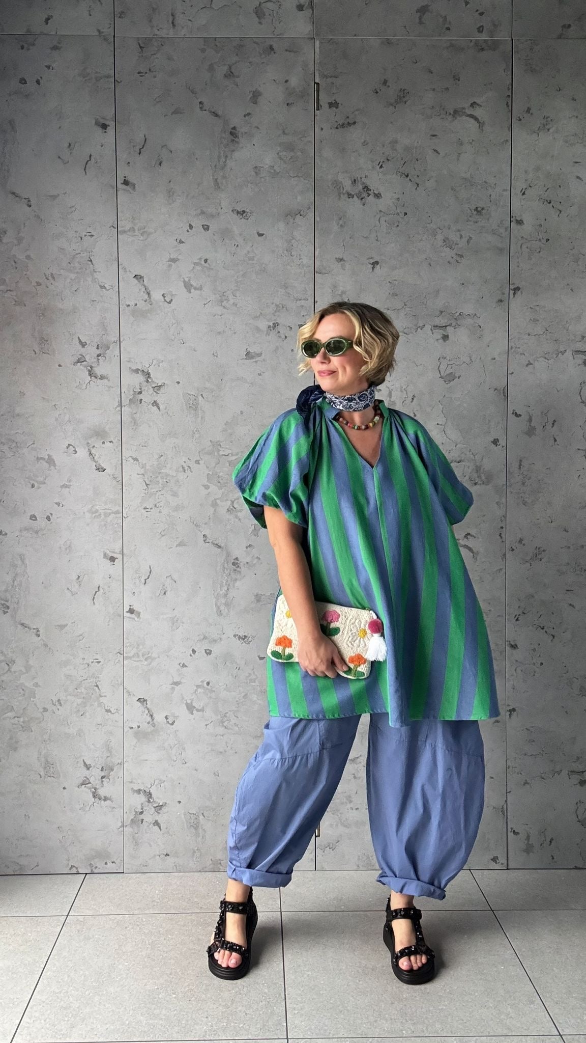 NESSA STRIPE SMOCK TOP / DRESS GREEN & BLUE *New