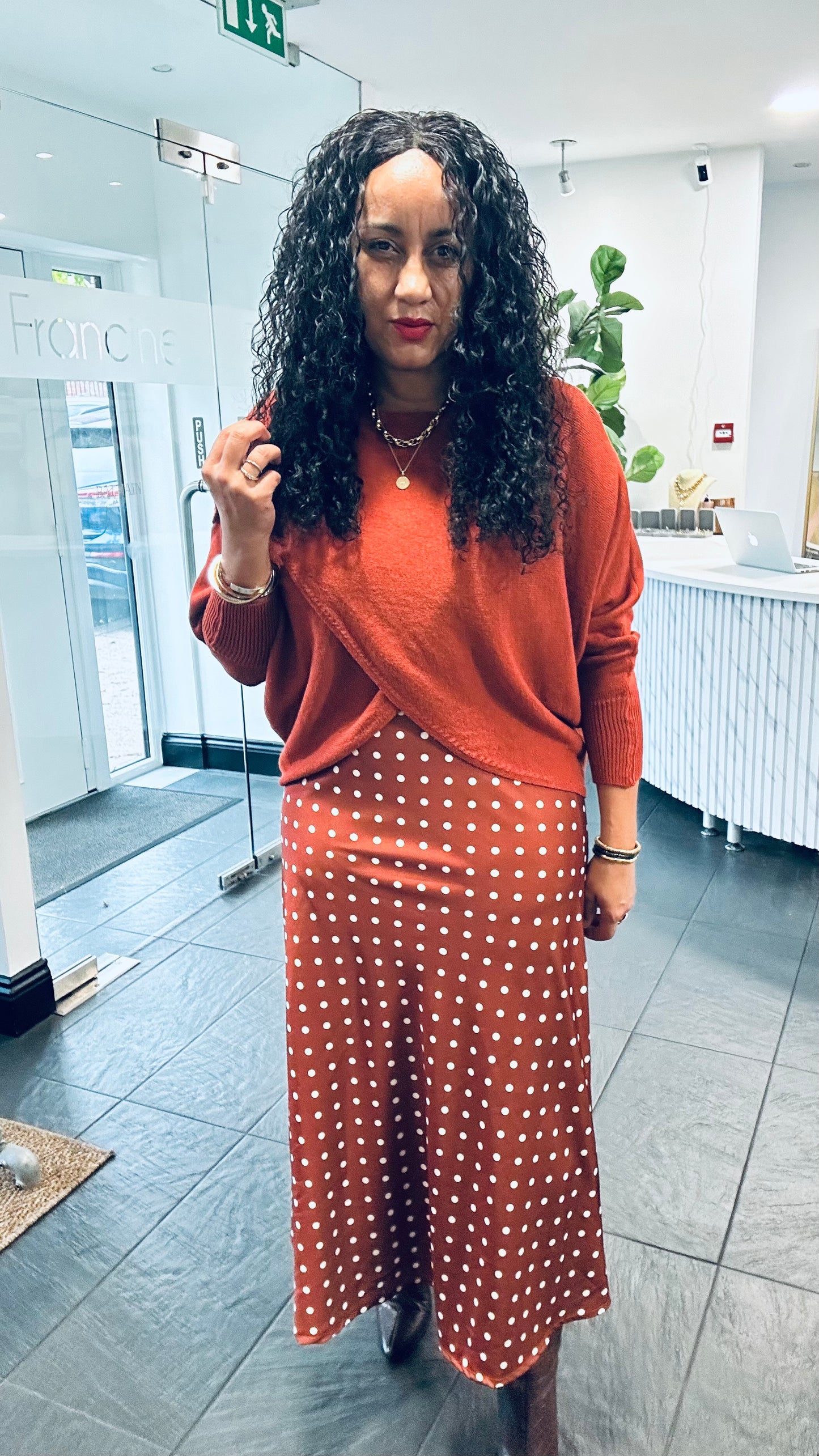 POLKA DOT SATIN FEEL PRINT SKIRT RUST *New