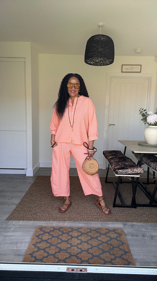 AVA GINGHAM BARREL LEG TROUSERS ORANGE *New