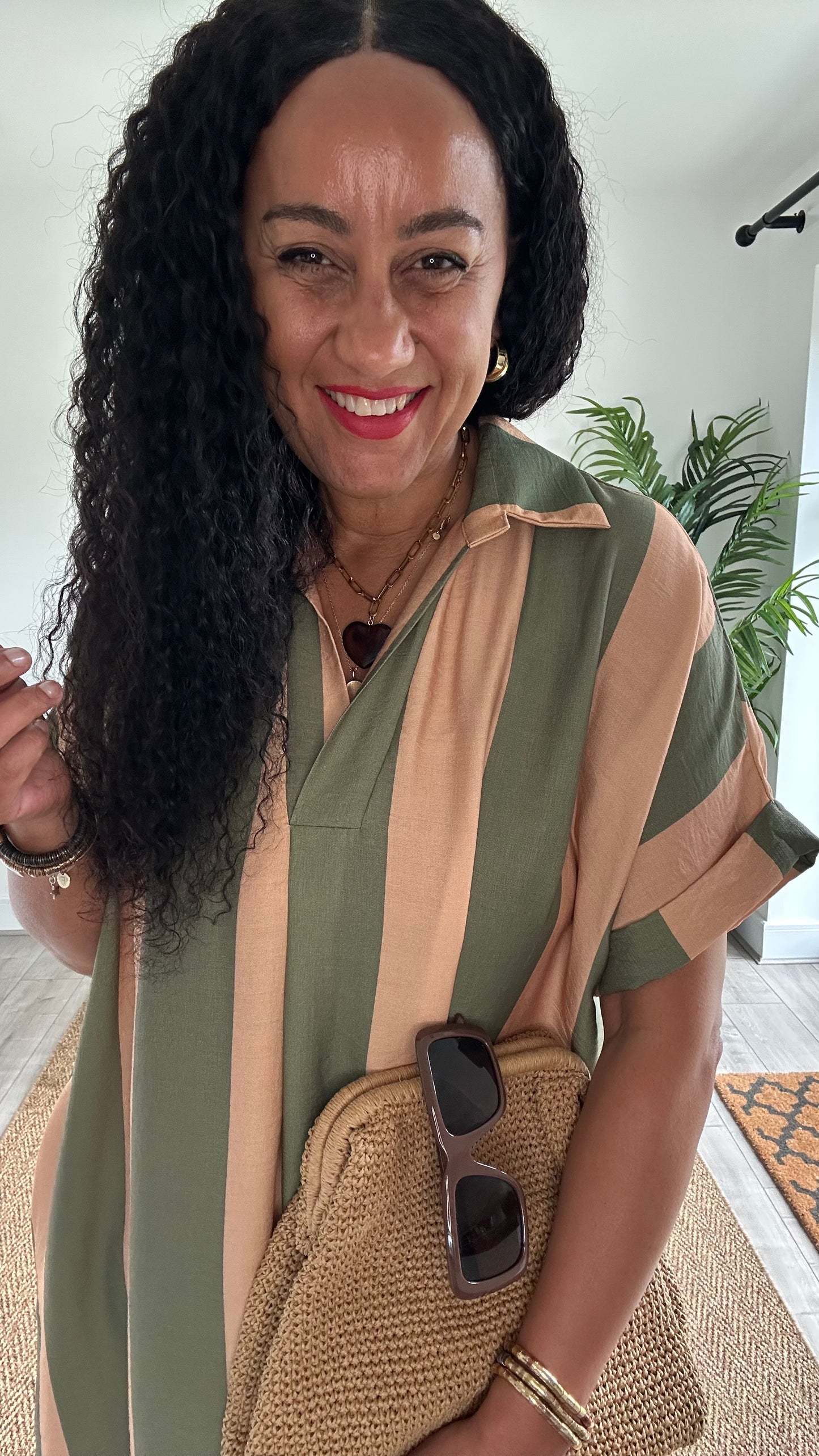 TAYO STRIPED TUNIC DRESS KHAKI & CAMEL *New