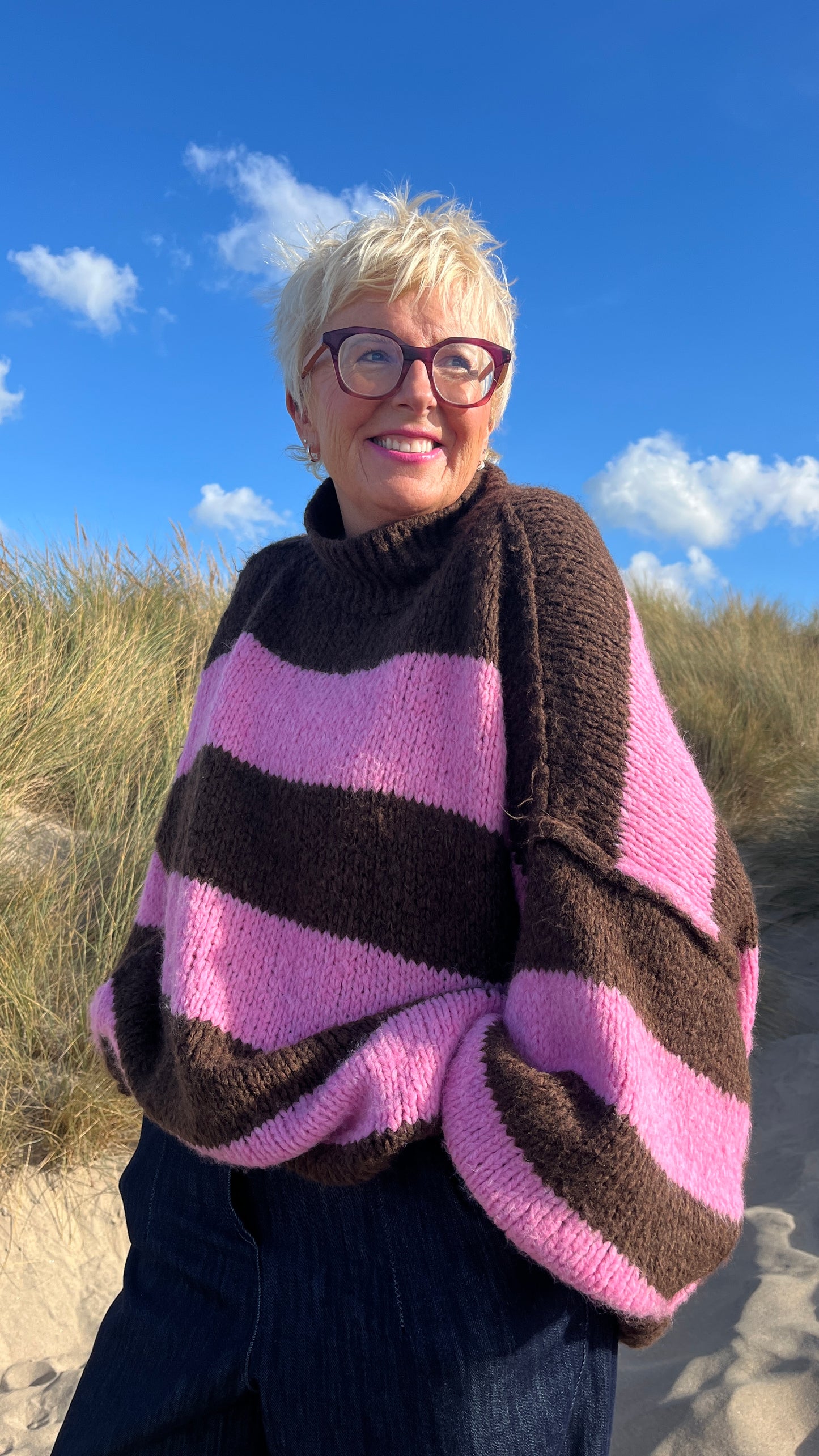 ALEX STRIPED RAW EDGE BALLOON SLEEVED JUMPER RASPBERRY TRUFFLE PINK & CHOCOLATE *New